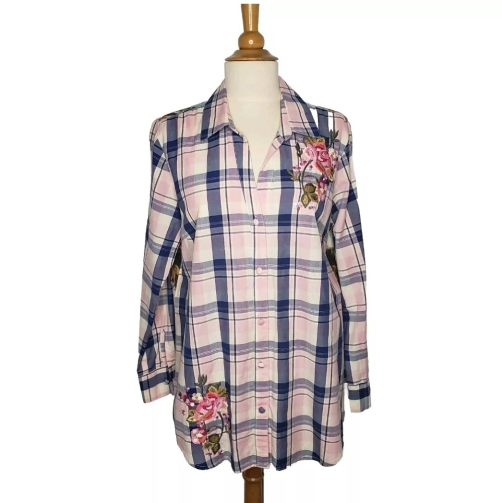 Soft Surroundings Mixed Media Top S Plaid Embroidered Mixed Print Hi Low Boho